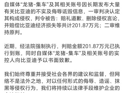 比亚迪告自媒体侵权案终审胜诉,201万元赔偿金已执行到账